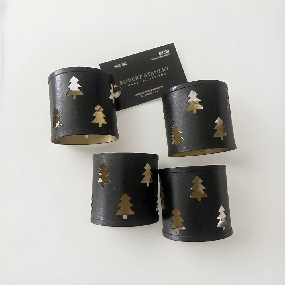 Robert Stanley Home Black Gold Metal Christmas forest Tree Napkin Rings set of 4